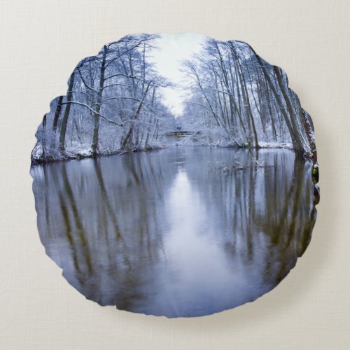 Winter Forest with Beautiful Stream Round Pillow