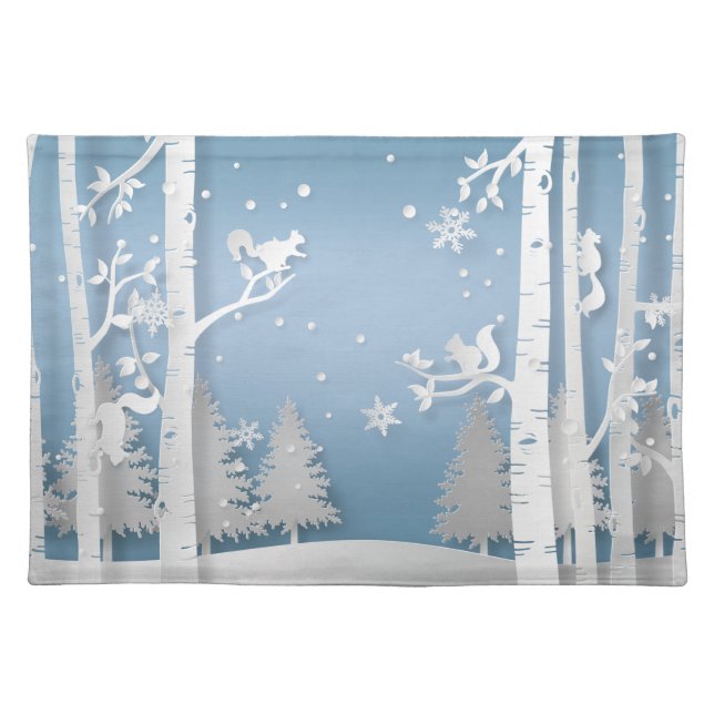 Winter Forest with Squirrels Papercut Cloth Placemat (Front)