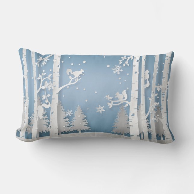 Winter Forest with Squirrels Papercut Lumbar Pillow (Front)