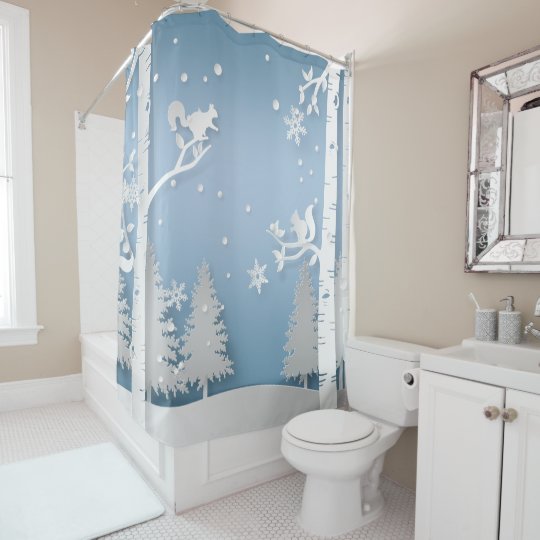 Winter Forest with Squirrels Papercut Shower Curtain
