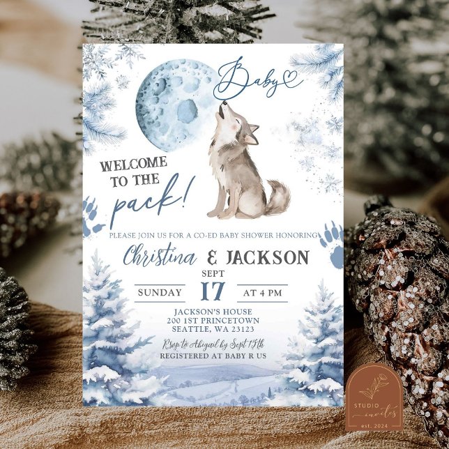 Winter Forest Wolf Howling Co-Ed Baby Shower Invitation (Creator Uploaded)
