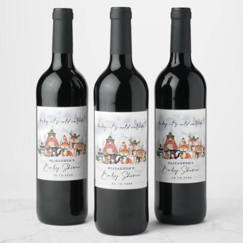 Winter Forest Woodland Animals Baby Shower Favors Wine Label