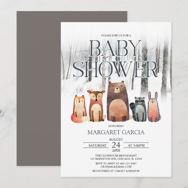 Winter Forest Woodland Animals Baby Shower Invitation (Front/Back)