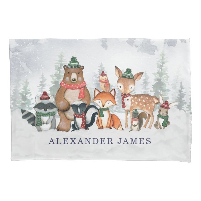 Winter Forest Woodland Animals Boy Nursery Pillow Case (Front)