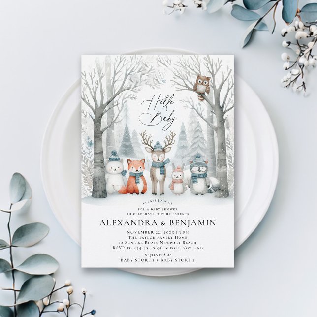 Winter Forest Woodland Animals Coed Baby Shower Invitation (winter baby shower invitation neutral white wonderland enchanted forest woodland animals coed modern)