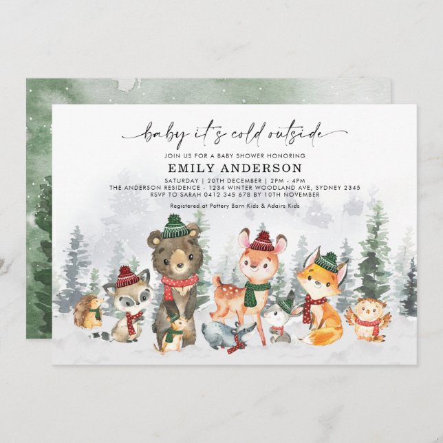 Winter Forest Woodland Animals Neutral Baby Shower Invitation (Front/Back)