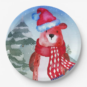 Winter Forest Woodland Friends Bear Illustration Paper Plates