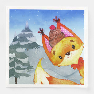 Winter Forest Woodland Friends Fox Illustration Paper Dinner Napkins