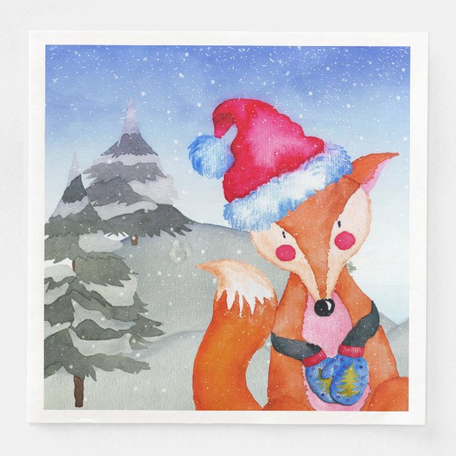 Winter Forest Woodland Friends Fox Illustration Paper Dinner Napkins (Front)