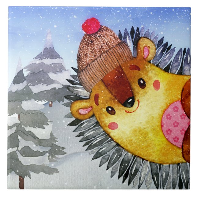 Winter Forest Woodland Friends Hedgehog Drawing Ceramic Tile (Front)