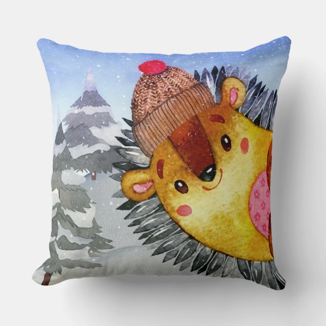 Winter Forest Woodland Friends Hedgehog Drawing Throw Pillow (Front)