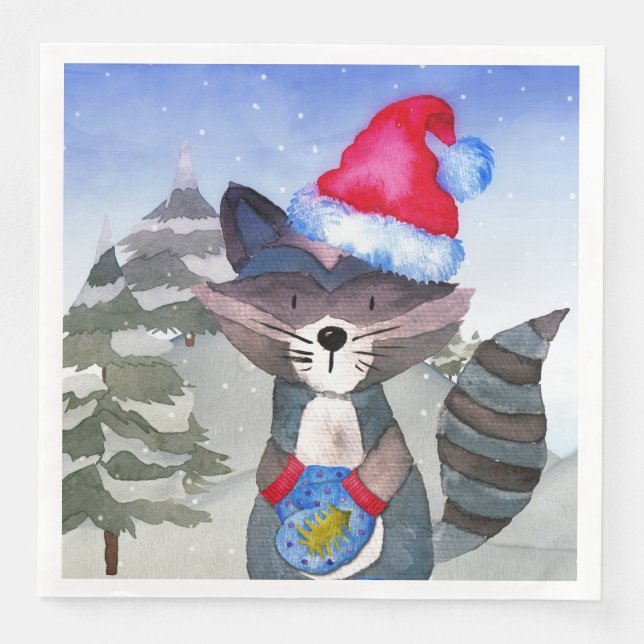 Winter Forest Woodland Friends Racoon Illustration Paper Dinner Napkins (Front)