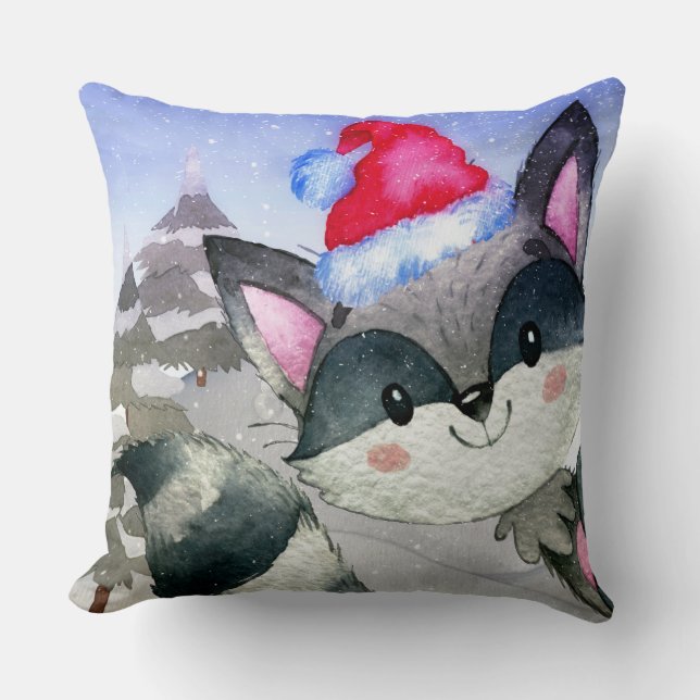 Winter Forest Woodland Friends Racoon Illustration Throw Pillow (Front)