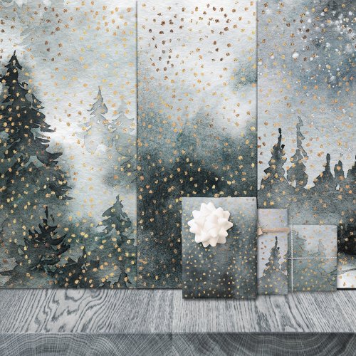 Winter Forest Woodland Golden Snow Watercolor Wrapping Paper Sheets