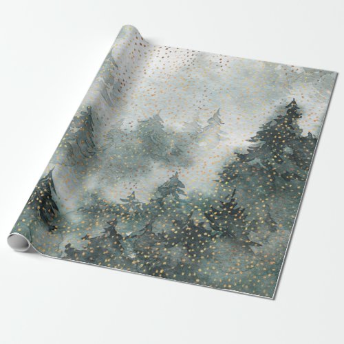 Winter Forest Woodland Golden Snowfall Wrapping Paper