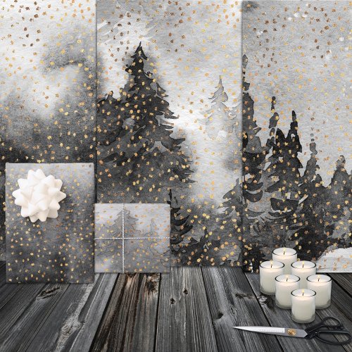 Winter Forest Woodland II Golden Snow Watercolor Wrapping Paper Sheets