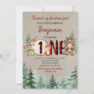 Winter Forest Woodland Red Plaid First Birthday Invitation