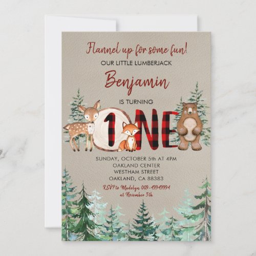 Winter Forest Woodland Red Plaid First Birthday Invitation