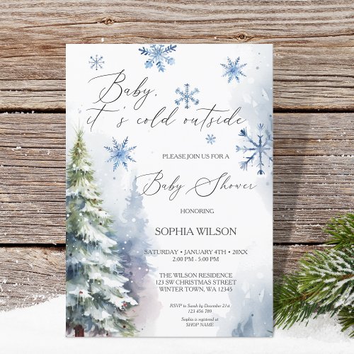 Winter Forest Woodland Snowflakes Baby Its Cold  Invitation