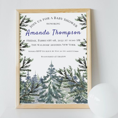 Winter Forest Woodland Tree Watercolor Baby Shower Invitation