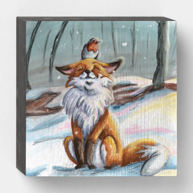 Winter Fox and a Bird Wooden Box Sign (Front Horizontal)