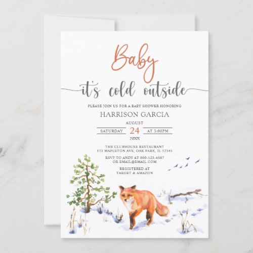 Winter Fox Baby Its Cold Outside Baby Shower Invitation