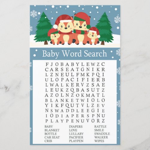 Winter fox Baby Shower Word Search Game