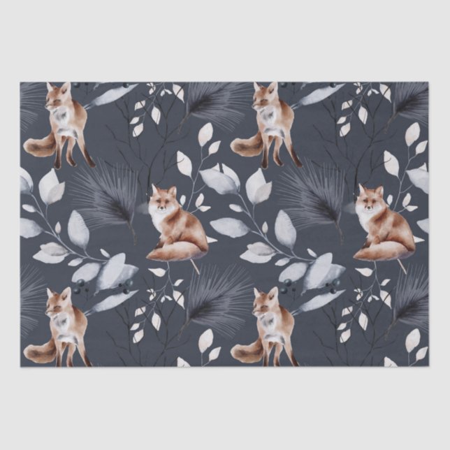 Winter Fox Botanical Watercolor Tissue Paper (Front)