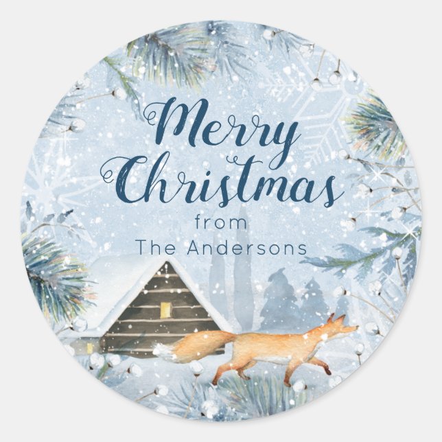 Winter Fox Cabin Snow Personalized Christmas Classic Round Sticker (Front)