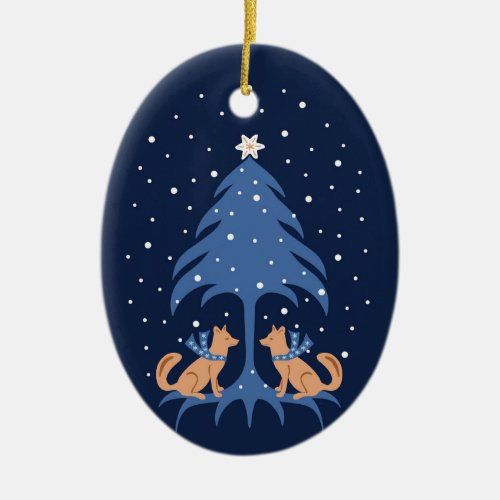 Winter Fox Christmas Tree Ceramic Oval Ornament