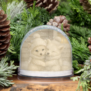 Winter Fox Couple in Cozy Knit Hats Snow Globe