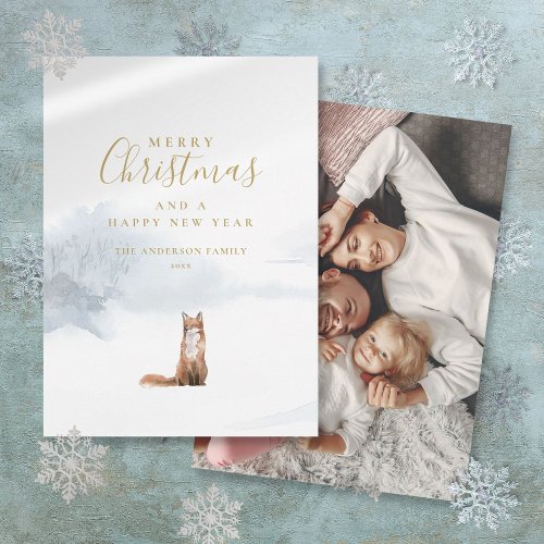 Winter Fox Elegant Gold Script Photo Christmas Holiday Card