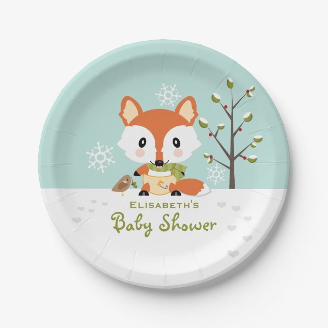 Winter Fox in Diapers Baby Shower Paper Plates (Front)