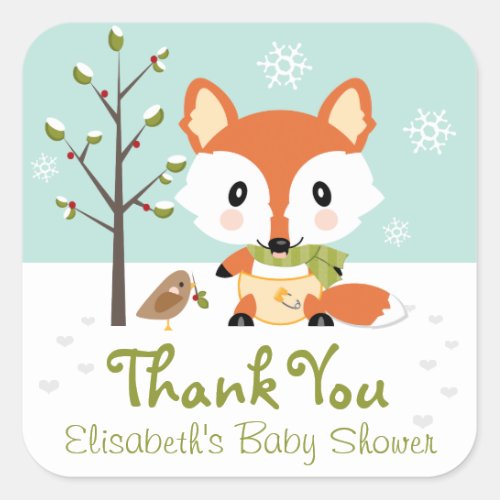 WINTER FOX IN DIAPERS BABY SHOWER THANK YOU SQUARE STICKER