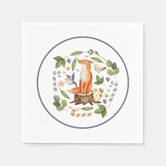 Winter Fox on Tree Stump Leaves Candy Canes Napkins (Front)