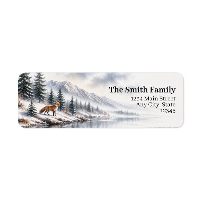 Winter Fox Return Address Labels Mountain Forest (Front)