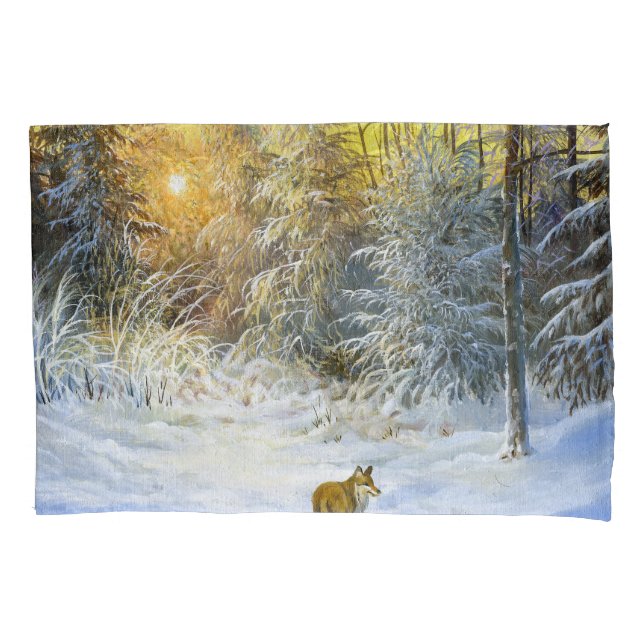 Winter Fox Sunset Landscape. Pillow Case (Front)