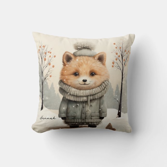 Winter Fox Throw Pillow Customized with Name (Front)