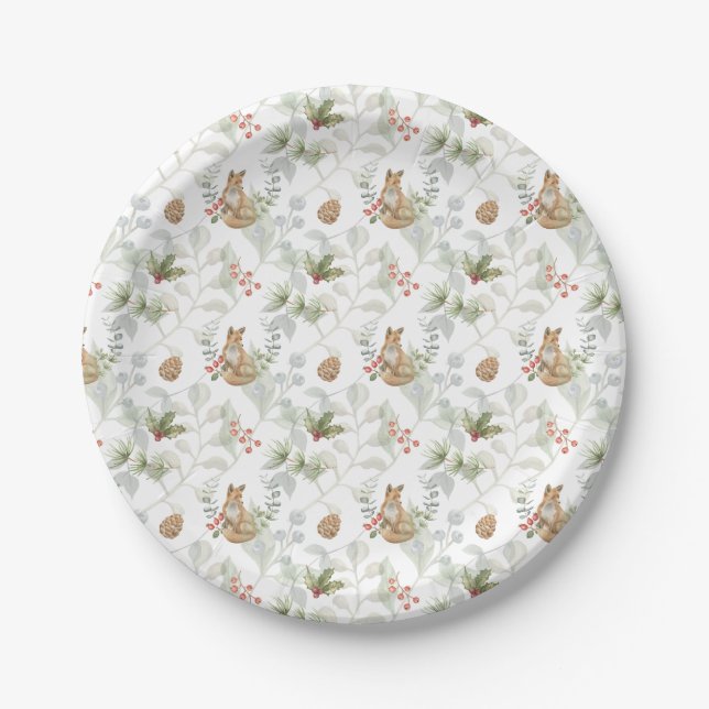 Winter Fox Woodland Forest Cute Paper Plates (Front)