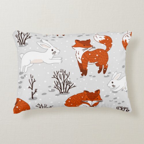 Winter Foxes Bunny Seamless Pattern Accent Pillow