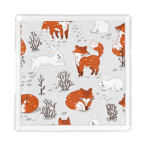 Winter Foxes Bunny Seamless Pattern Acrylic Tray