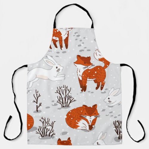 Winter Foxes Bunny Seamless Pattern Apron