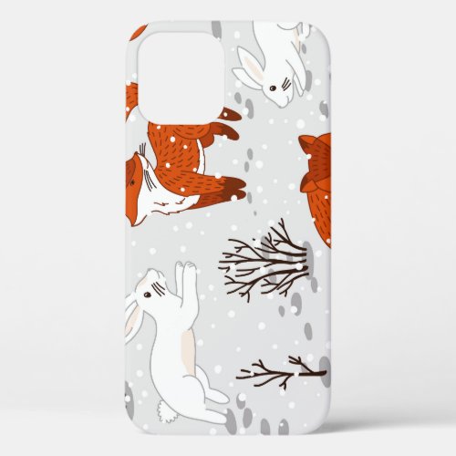 Winter Foxes Bunny Seamless Pattern iPhone 12 Case