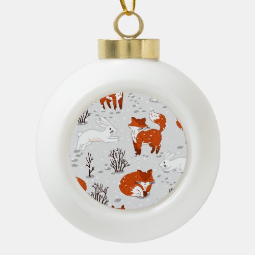 Winter Foxes Bunny Seamless Pattern Ceramic Ball Christmas Ornament