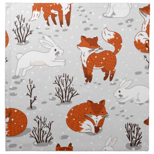 Winter Foxes Bunny Seamless Pattern Cloth Napkin