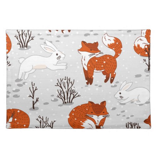 Winter Foxes Bunny Seamless Pattern Cloth Placemat