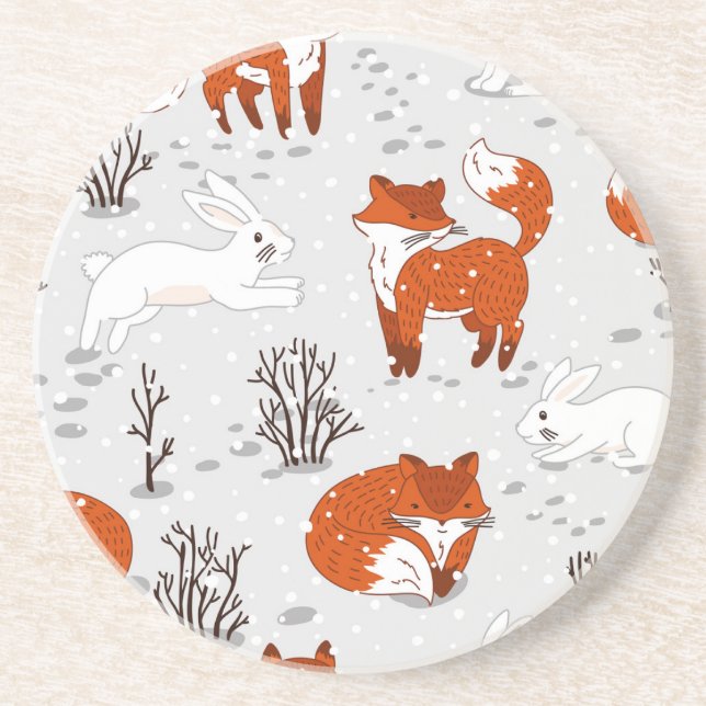 Winter Foxes Bunny Seamless Pattern Coaster (Front)