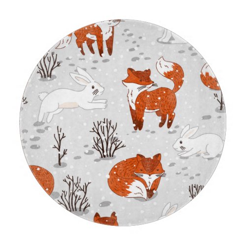 Winter Foxes Bunny Seamless Pattern Cutting Board