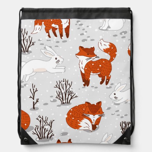 Winter Foxes Bunny Seamless Pattern Drawstring Bag