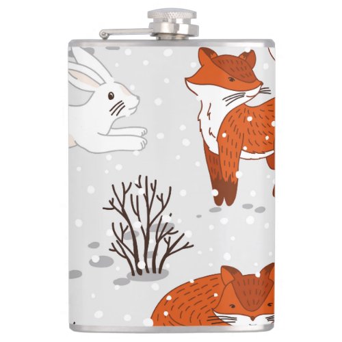Winter Foxes Bunny Seamless Pattern Flask